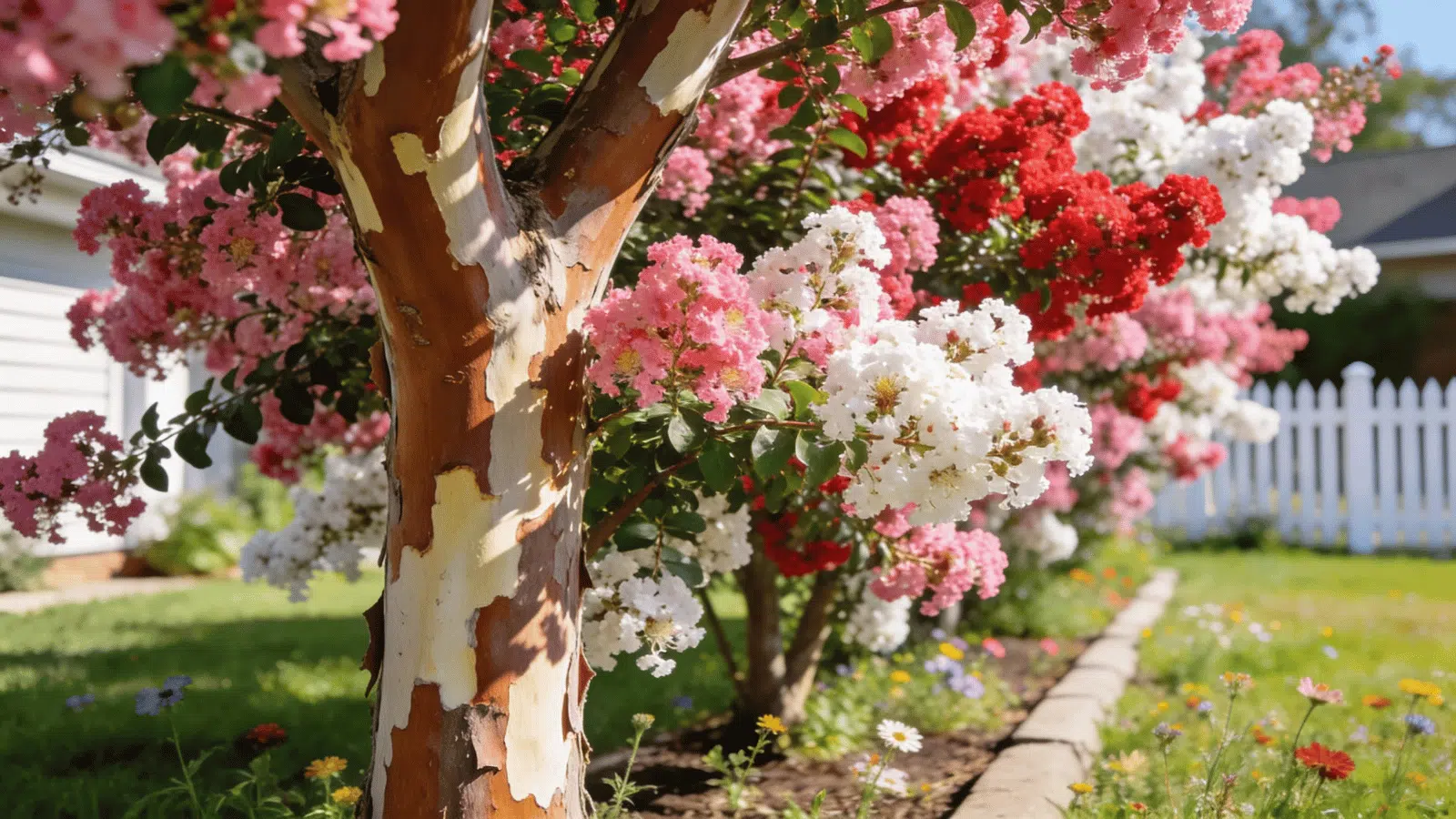 crepe myrtle tree with colorful blossoms and peeling bark in a sunny garden