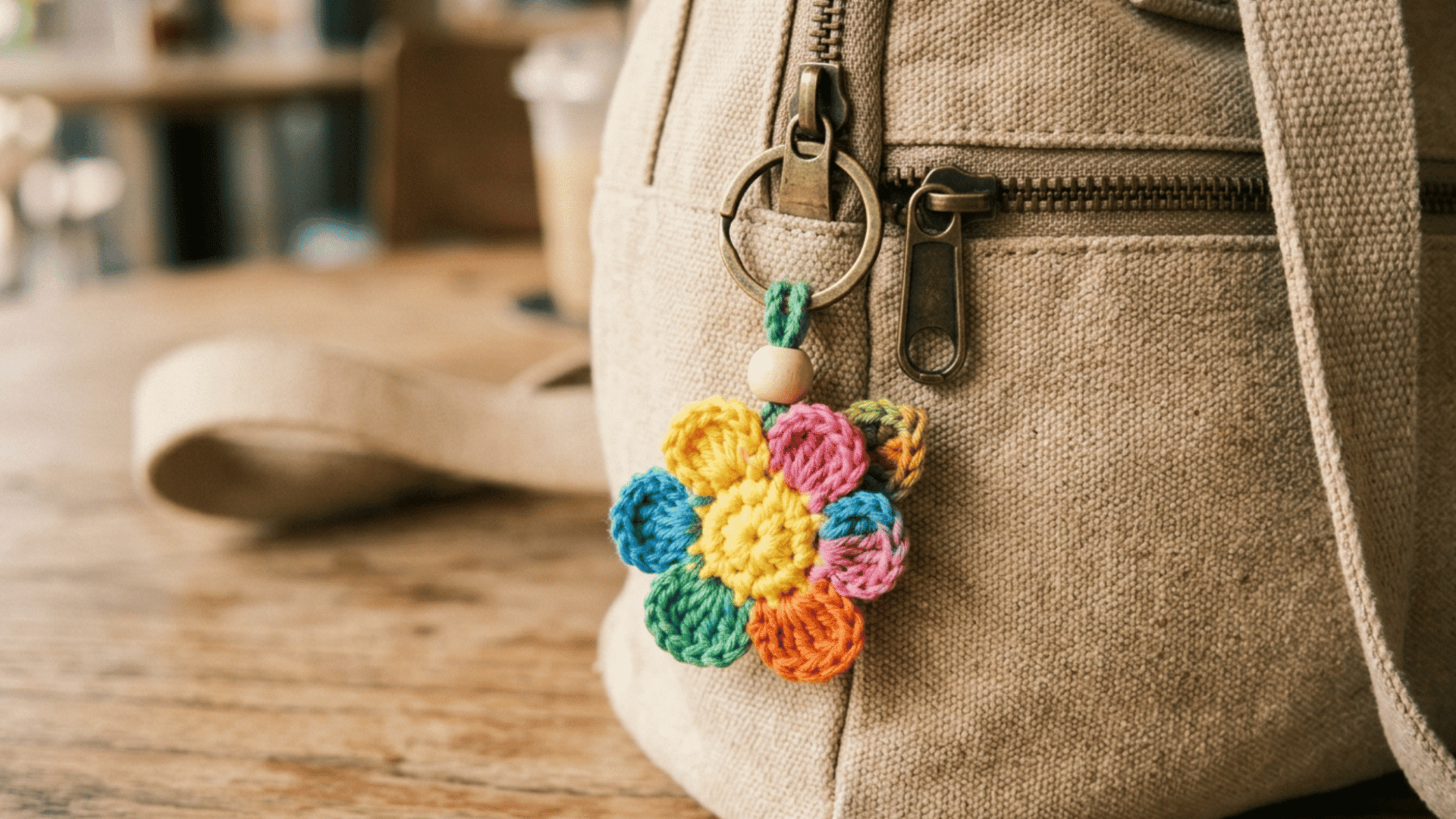 crochet bag charm attached to backpack adding handmade touch to everyday style