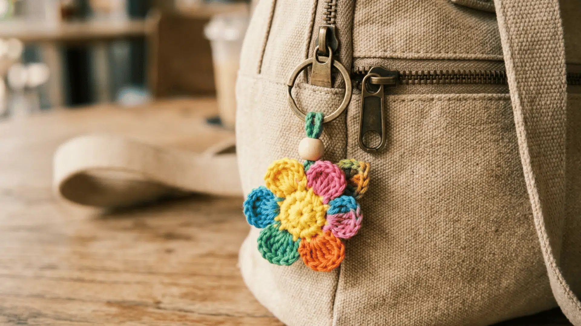 crochet bag charm attached to backpack adding handmade touch to everyday style