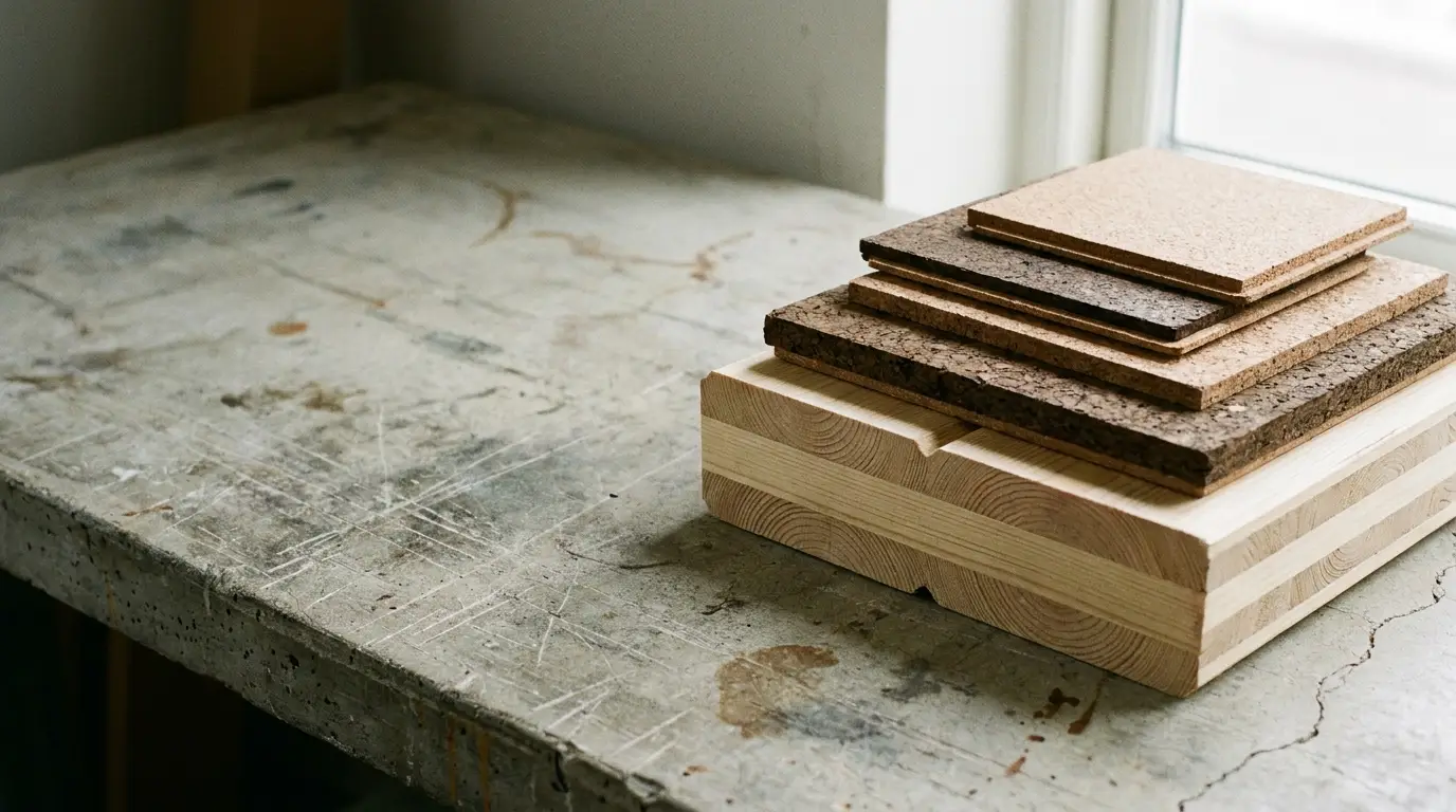 Stacked wooden and cork boards on rustic concrete table near window