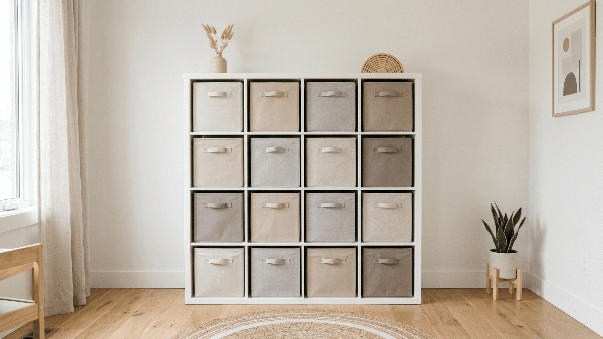 cube shelf with fabric bins in neutral tones toys hidden inside clean wall soft light tidy balanced playroom