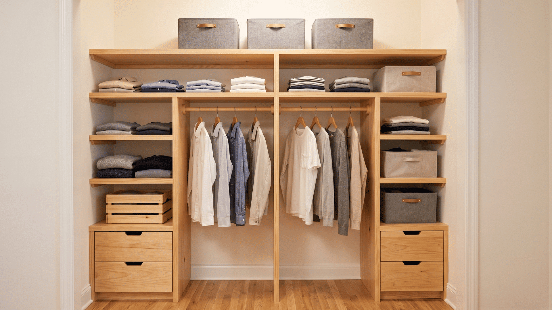 custom diy closet organizer with shelves drawers and hanging rods in a clean minimal layout