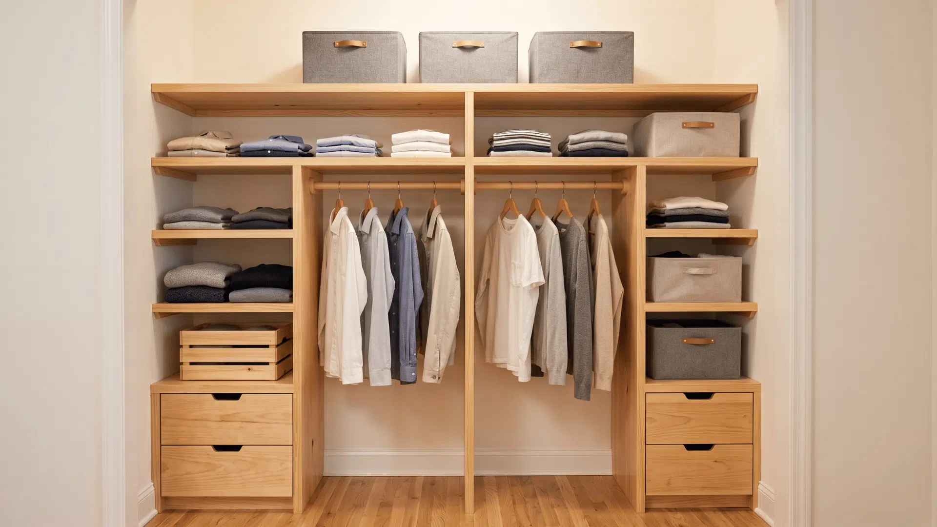 custom diy closet organizer with shelves drawers and hanging rods in a clean minimal layout