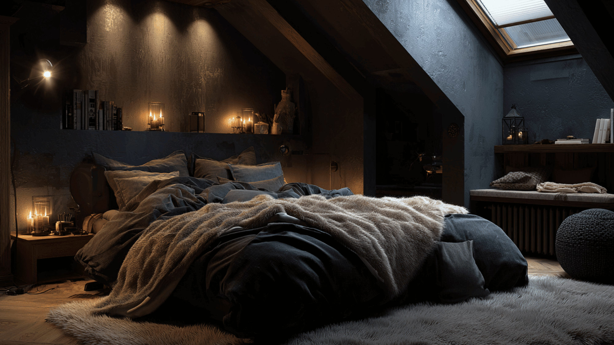 dark and cozy attic bedroom with warm lighting