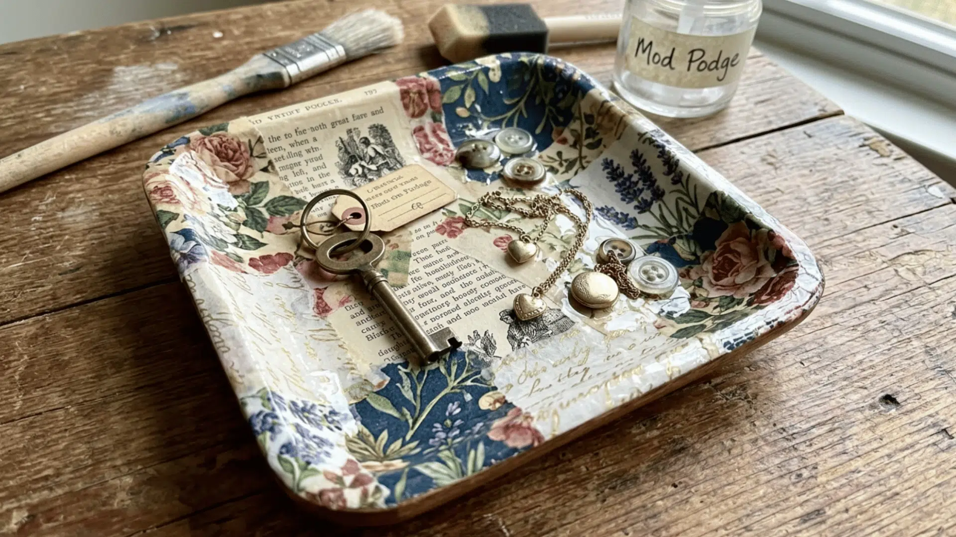 decoupage trinket tray with layered paper design on wooden surface used for holding jewelry and small items on table