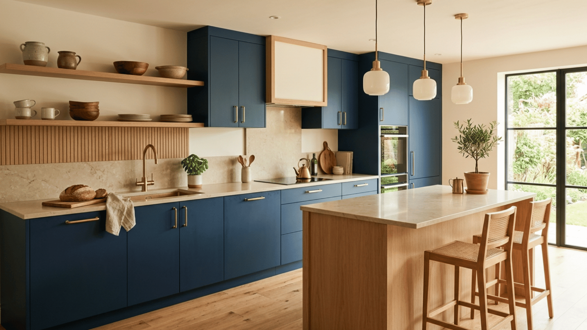 deep blue cabinets paired with light oak add warmth and contrast in a modern stylish kitchen design