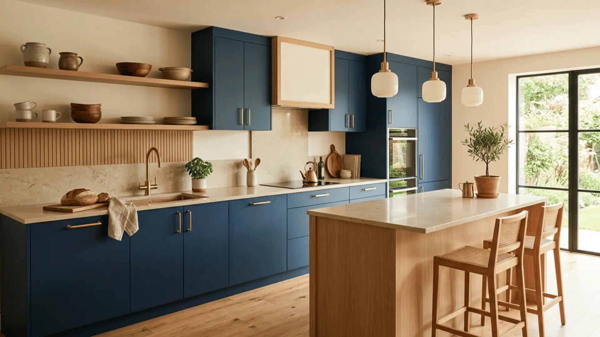 deep blue cabinets paired with light oak add warmth and contrast in a modern stylish kitchen design
