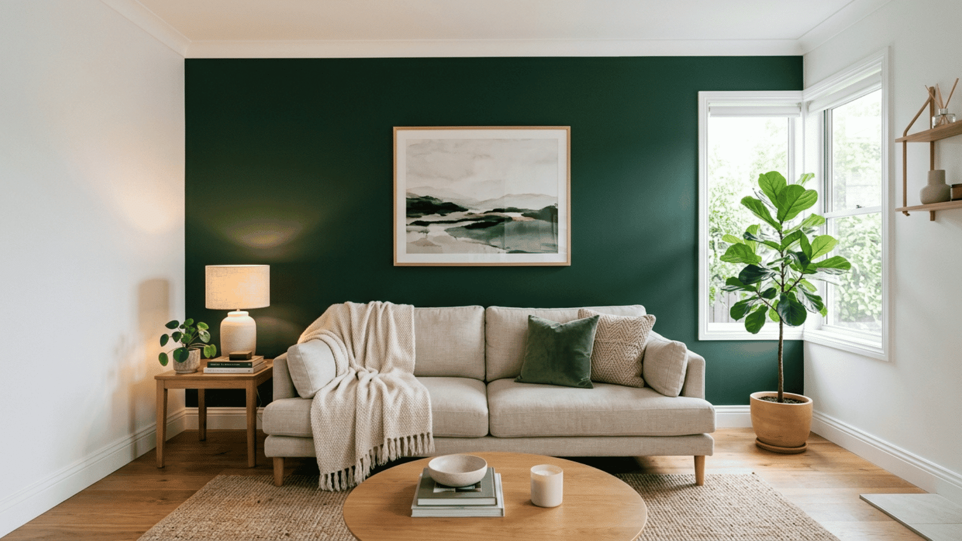 deep forest green accent wall behind a light sofa in a living room with white walls and warm lighting