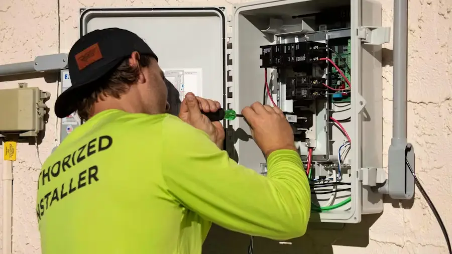 Technician in neon shirt using screwdriver on outdoor electrical panel