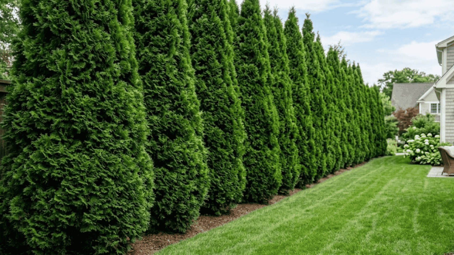 dense row of evergreen privacy trees lining a narrow backyard beside a neatly maintained suburban house