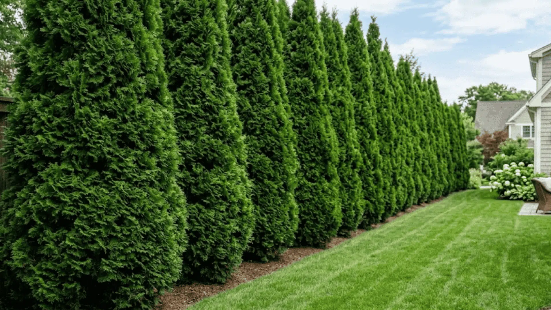 dense row of evergreen privacy trees lining a narrow backyard beside a neatly maintained suburban house