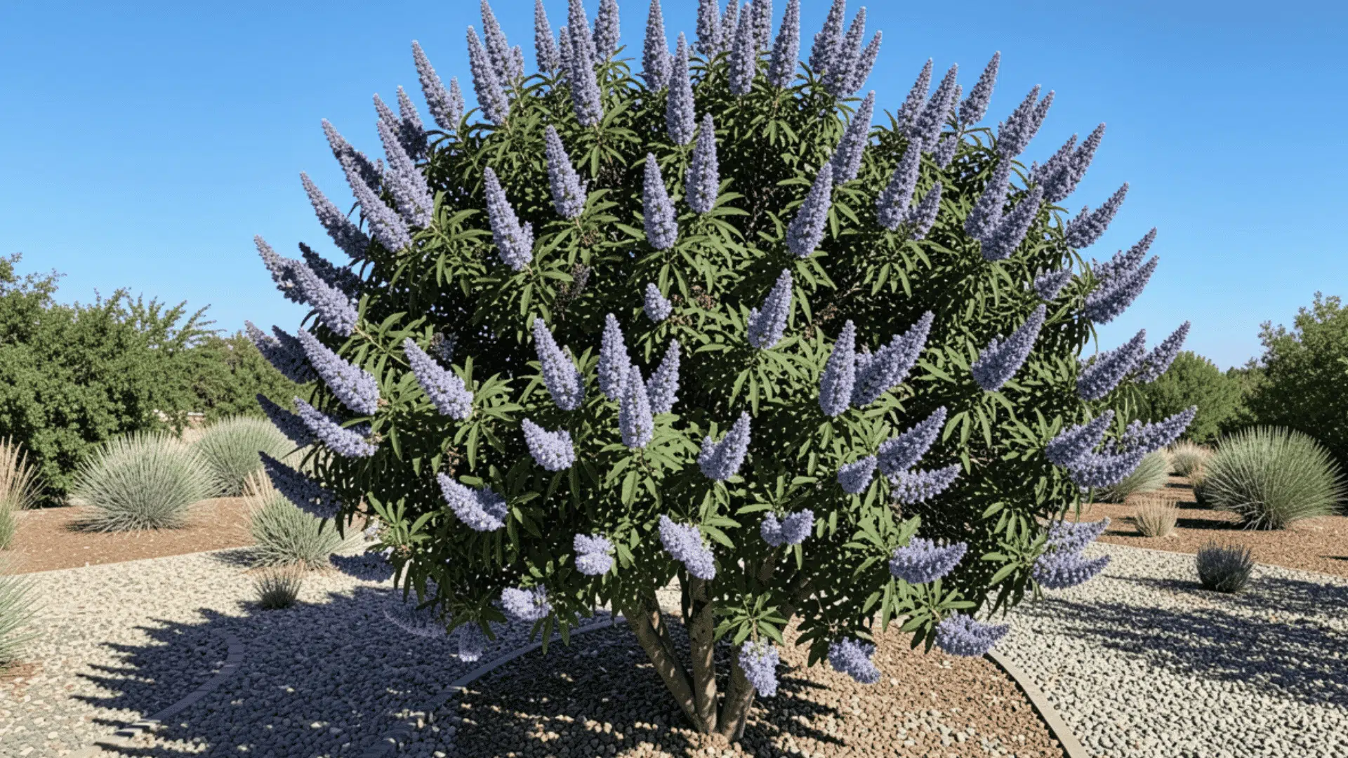 desert shrub with tall purple flower spikes growing among gravel and drought tolerant plants under clear blue sky