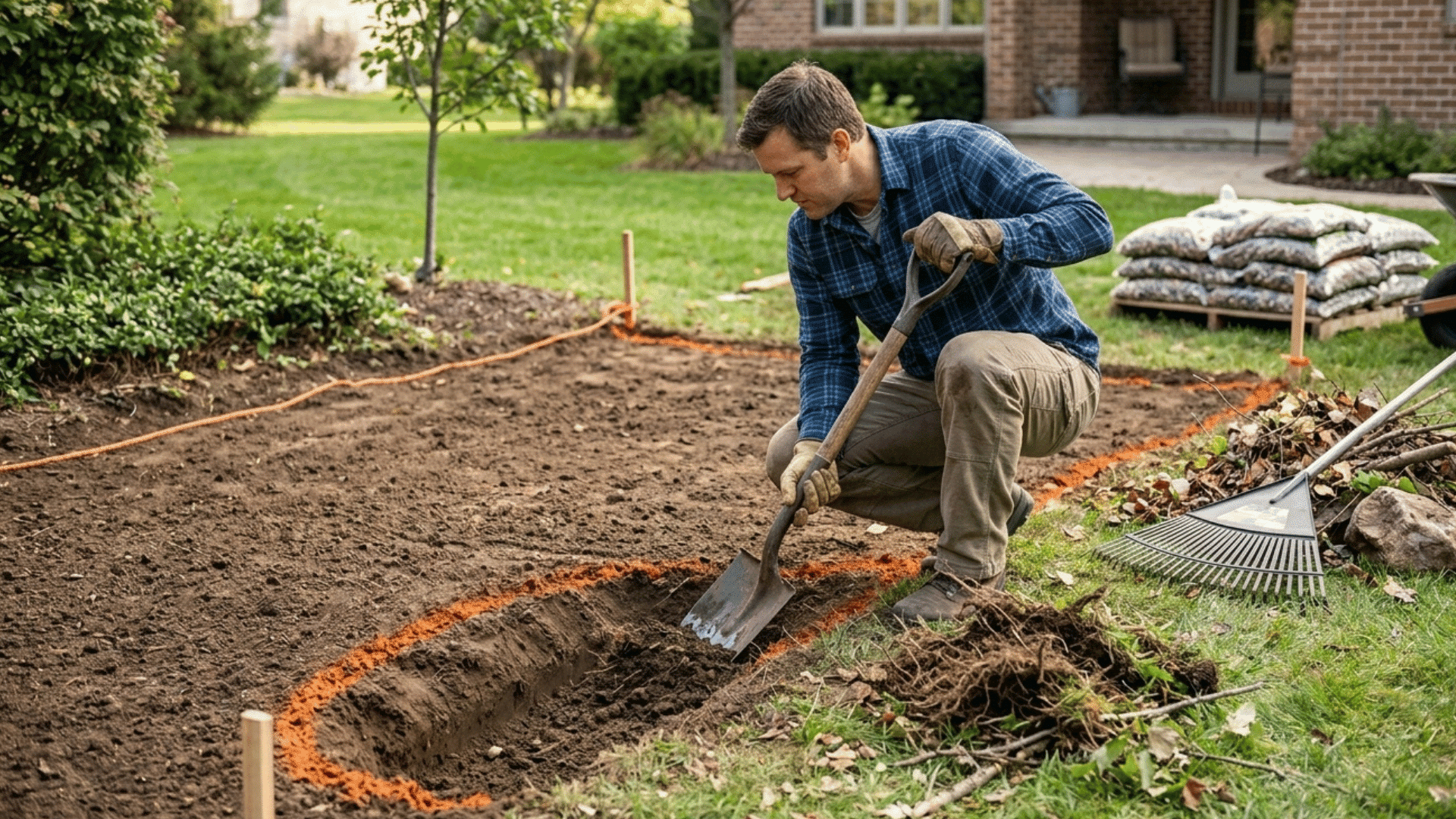 digging trench along marked layout to prepare base for river rock landscaping.
