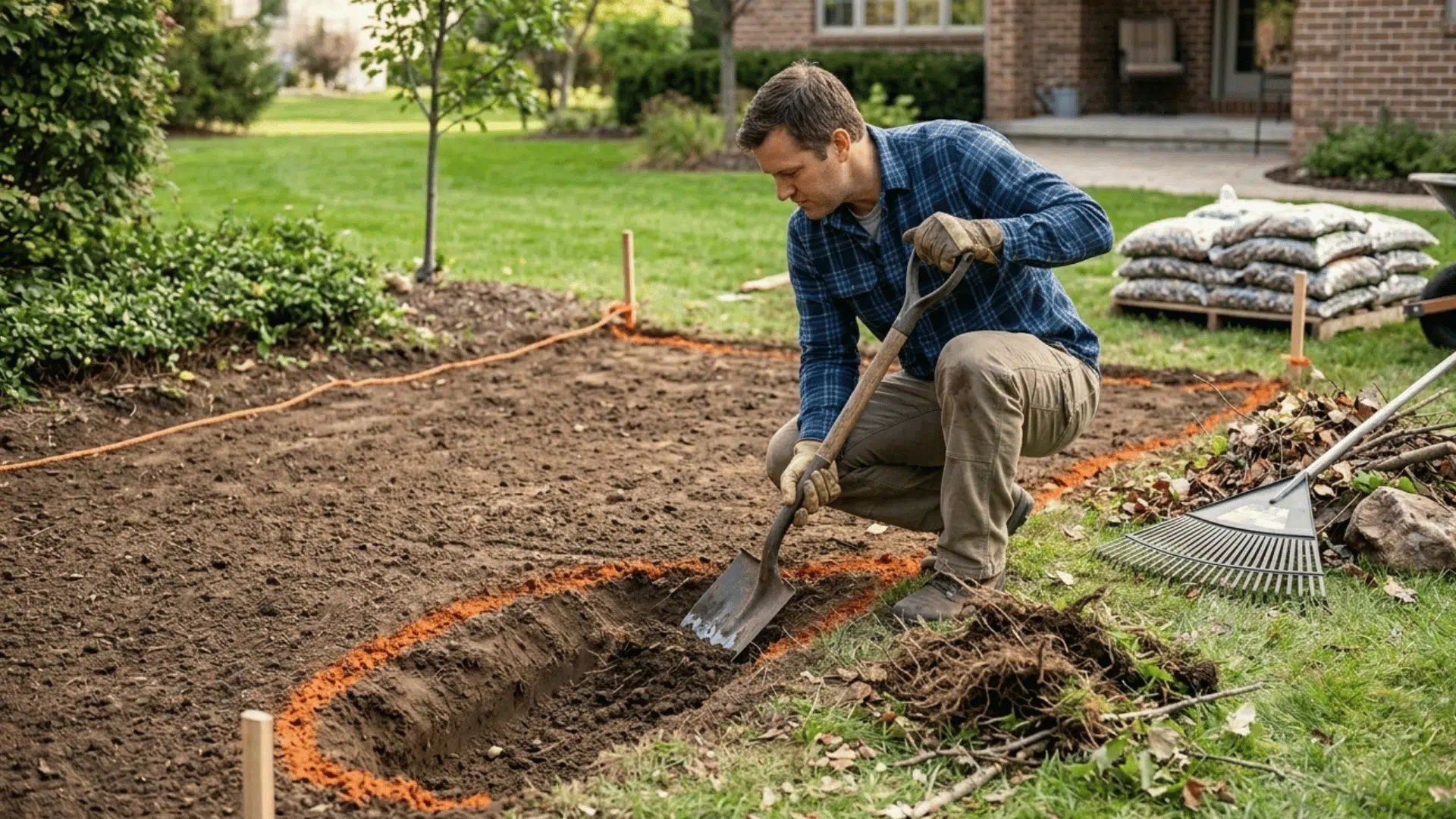 digging trench along marked layout to prepare base for river rock landscaping.