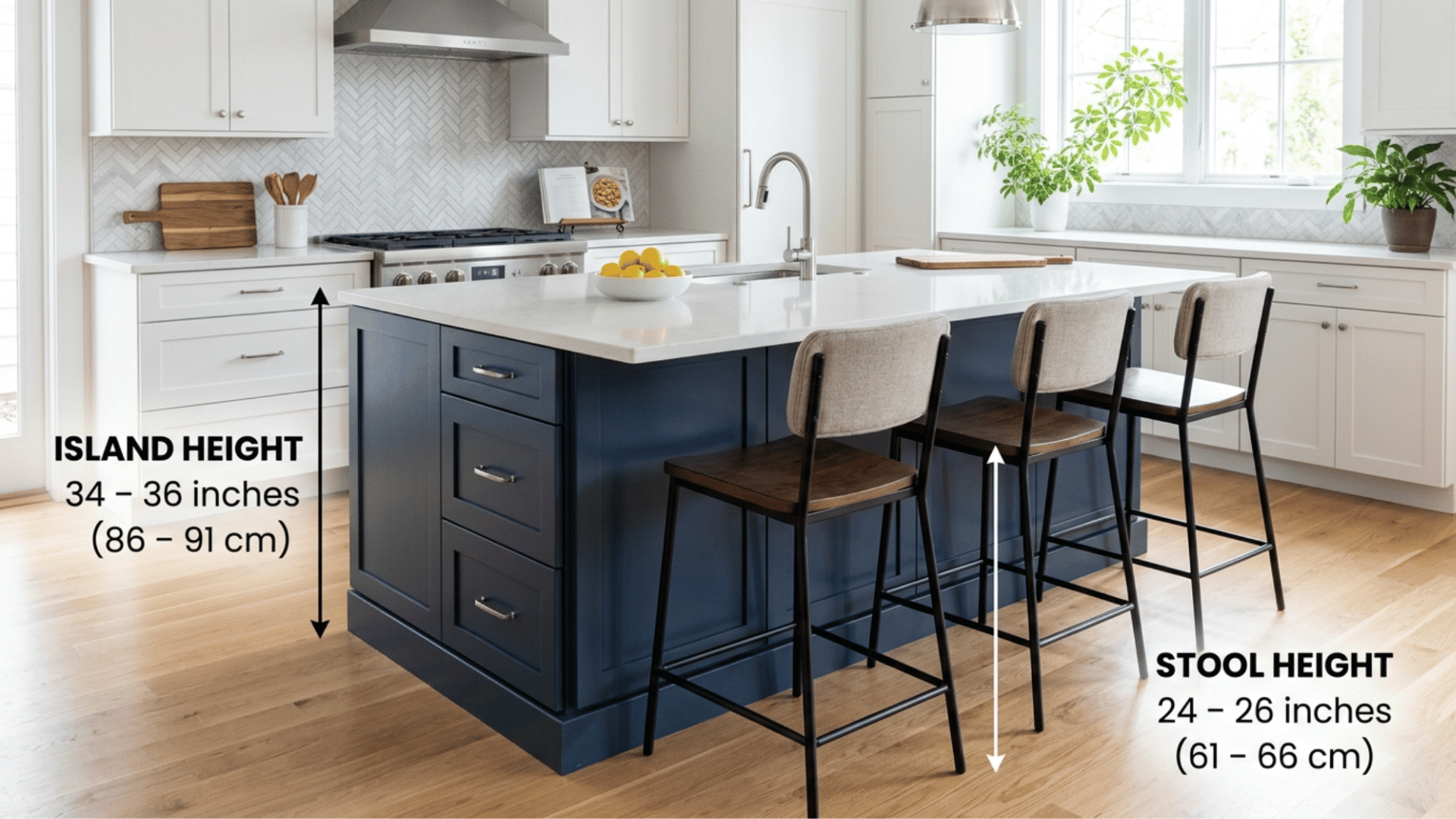 dining counter bar kitchen setup showing 34 to 36 inch counter height with stools labeled 24 to 26 inches