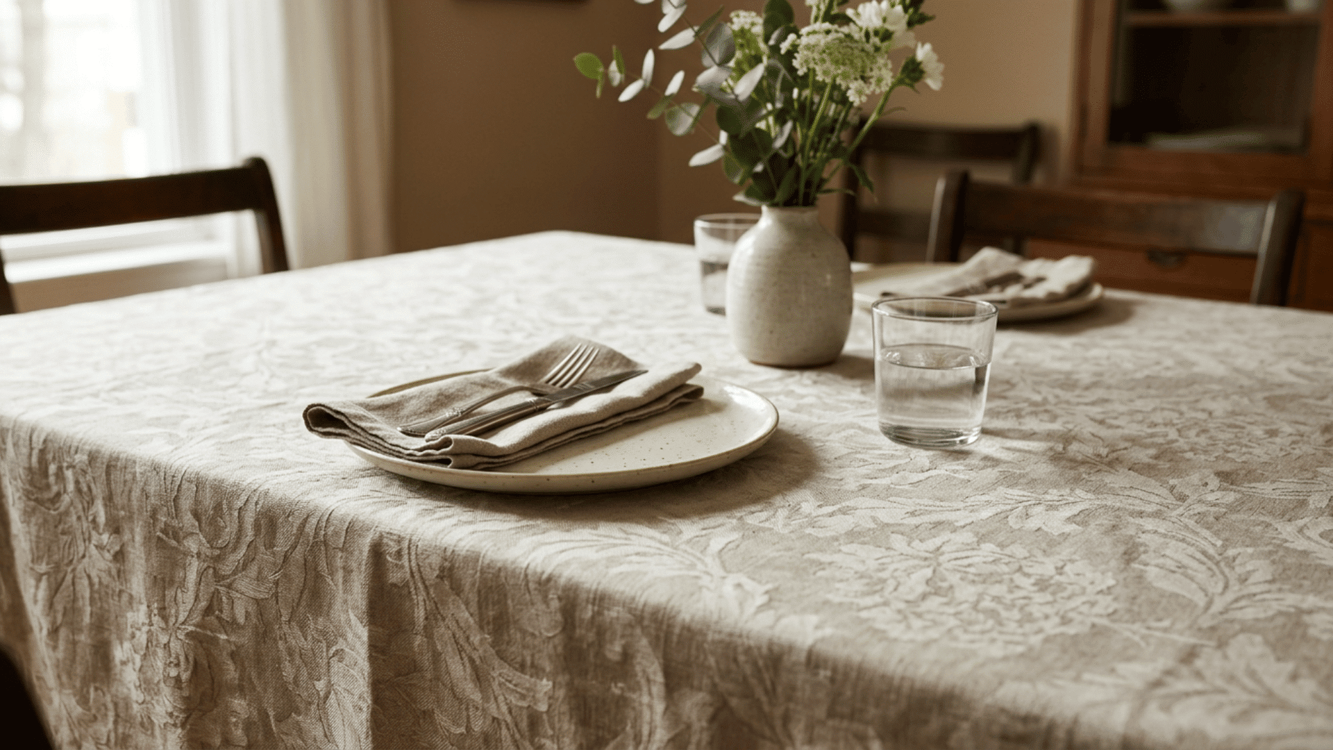dining table setup with a damask linen tablecloth, folded napkin, glass, and vase creating a simple home setting.