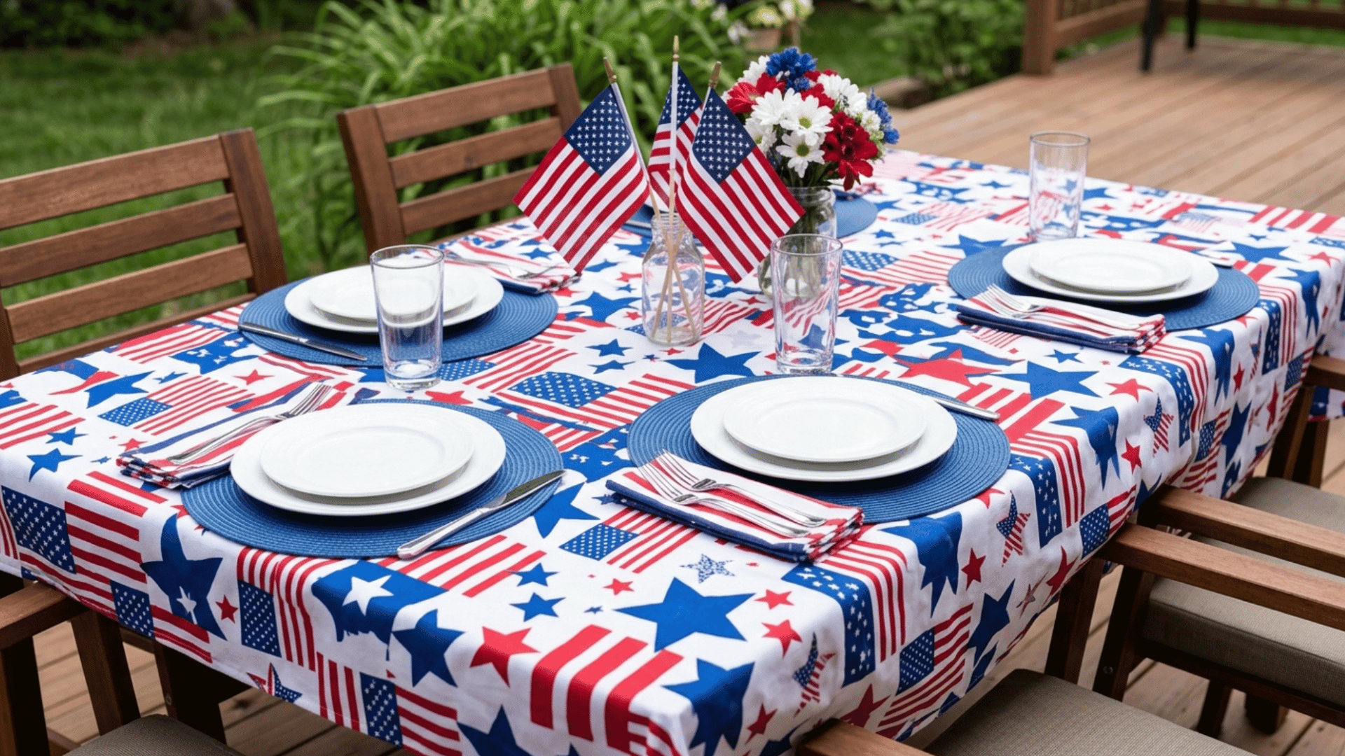 dining table with red white blue printed tablecloth neatly spread with clean and simple patriotic styling