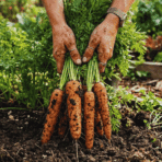 dirty hands holding freshly harvested carrots with leafy tops in a vegetable garden showing how to grow straight and healthy carrots