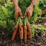 dirty hands holding freshly harvested carrots with leafy tops in a vegetable garden showing how to grow straight and healthy carrots