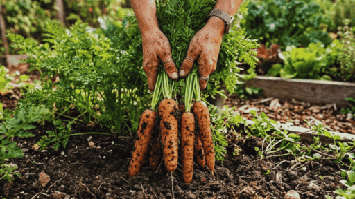 dirty hands holding freshly harvested carrots with leafy tops in a vegetable garden showing how to grow straight and healthy carrots