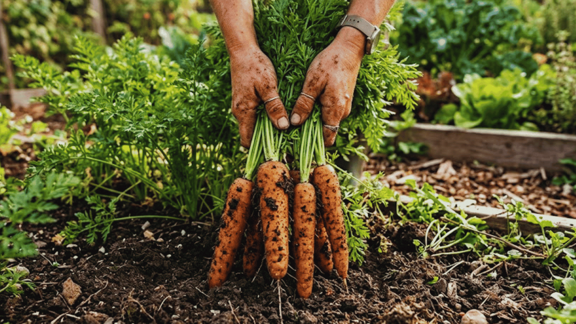 dirty hands holding freshly harvested carrots with leafy tops in a vegetable garden showing how to grow straight and healthy carrots