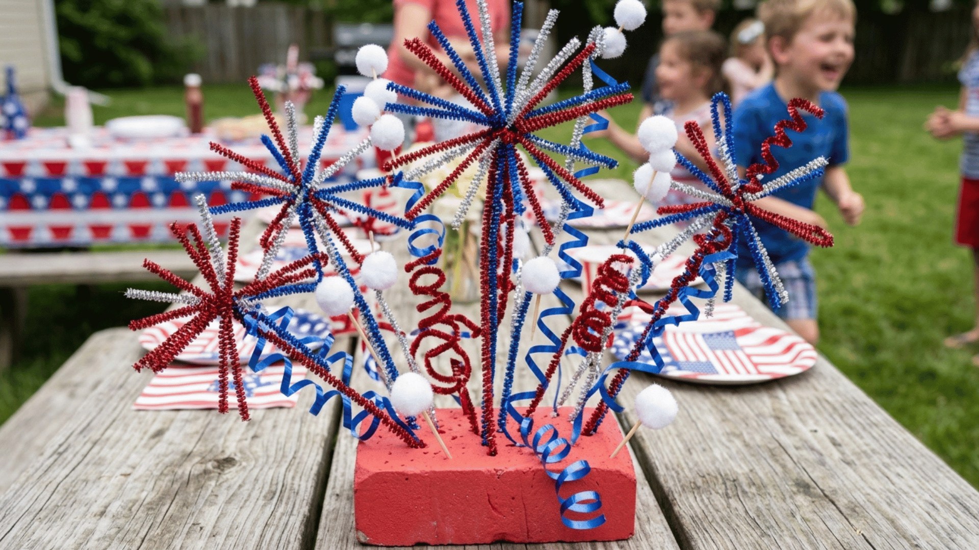 diy fireworks centerpiece with red, white, and blue pipe cleaners and pom-poms.