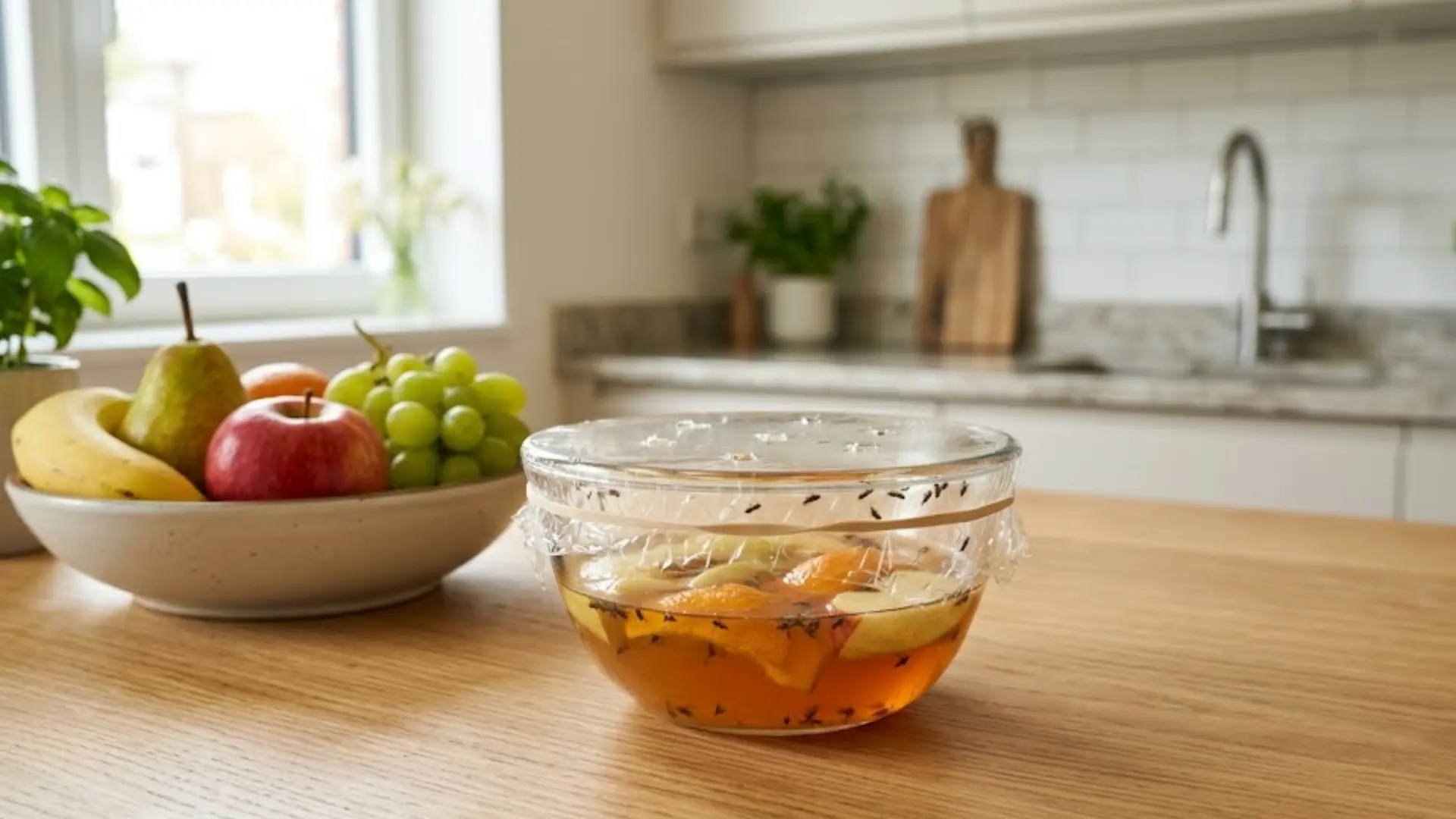 diy fruit fly trap in a glass bowl with vinegar, fruit slices, and plastic wrap on a wooden kitchen counter (1)