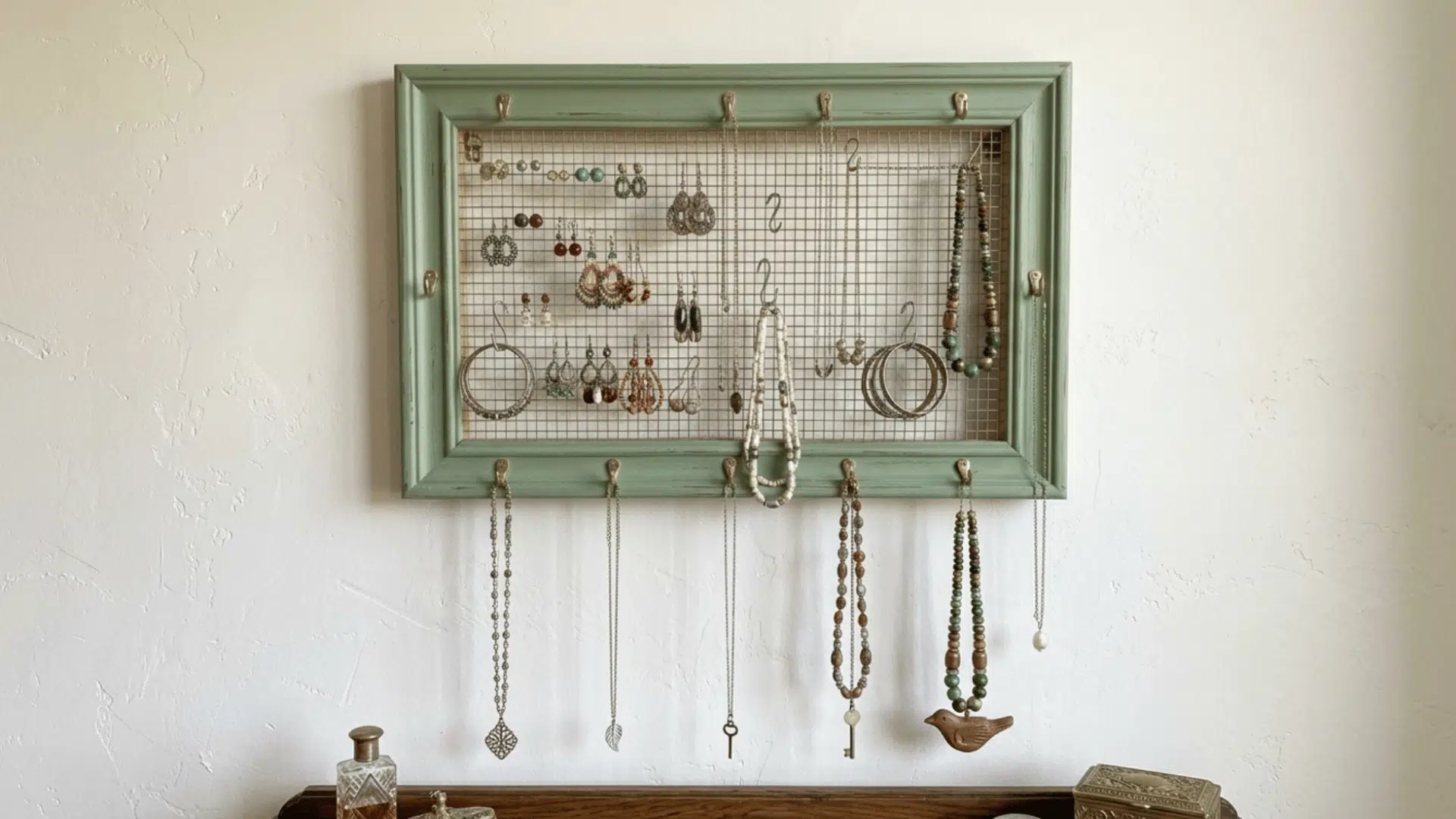 diy jewelry organizer frame holding accessories on wall in organized display setup