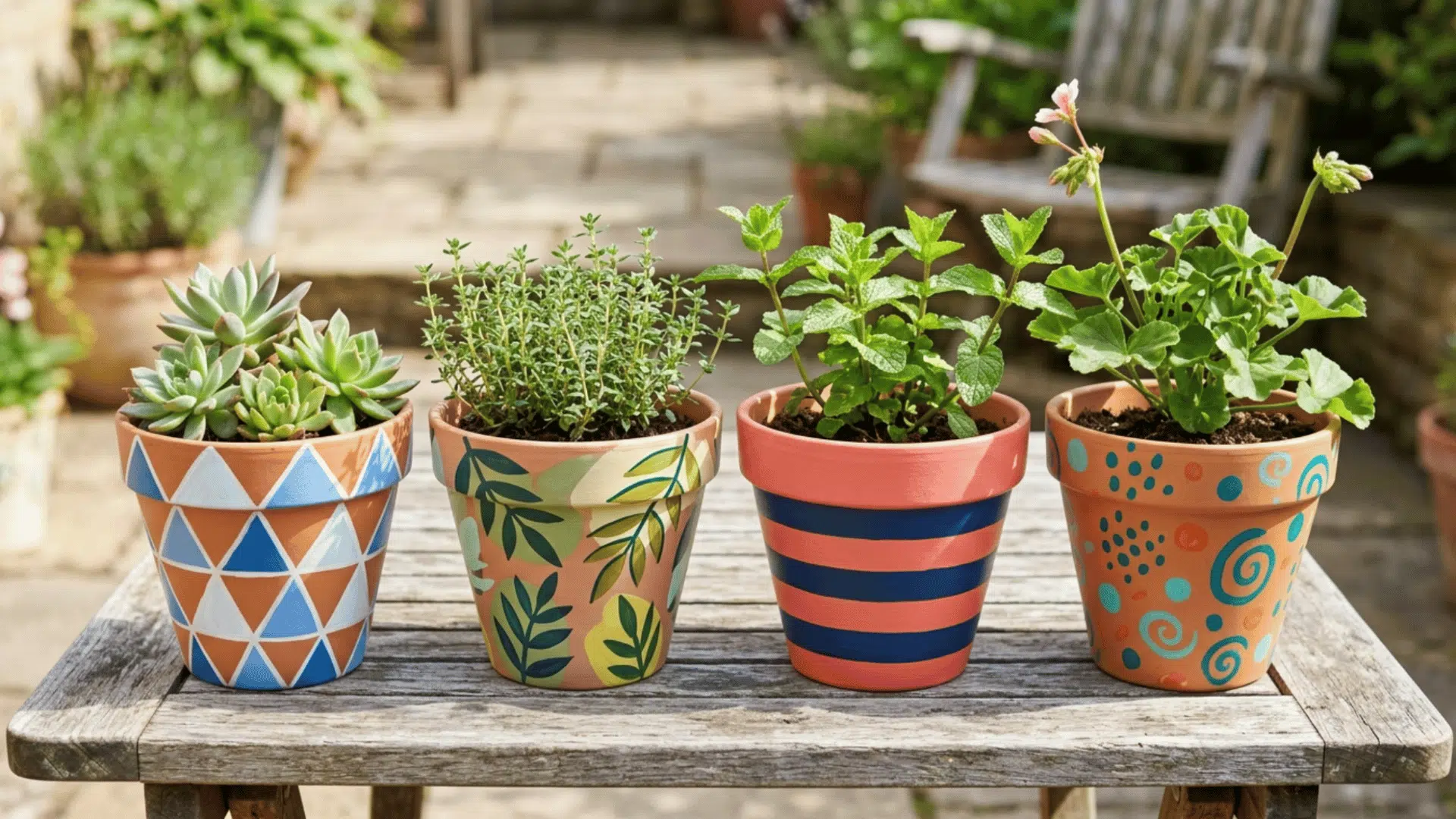 diy painted flower pots with patterns holding plants in bright outdoor space