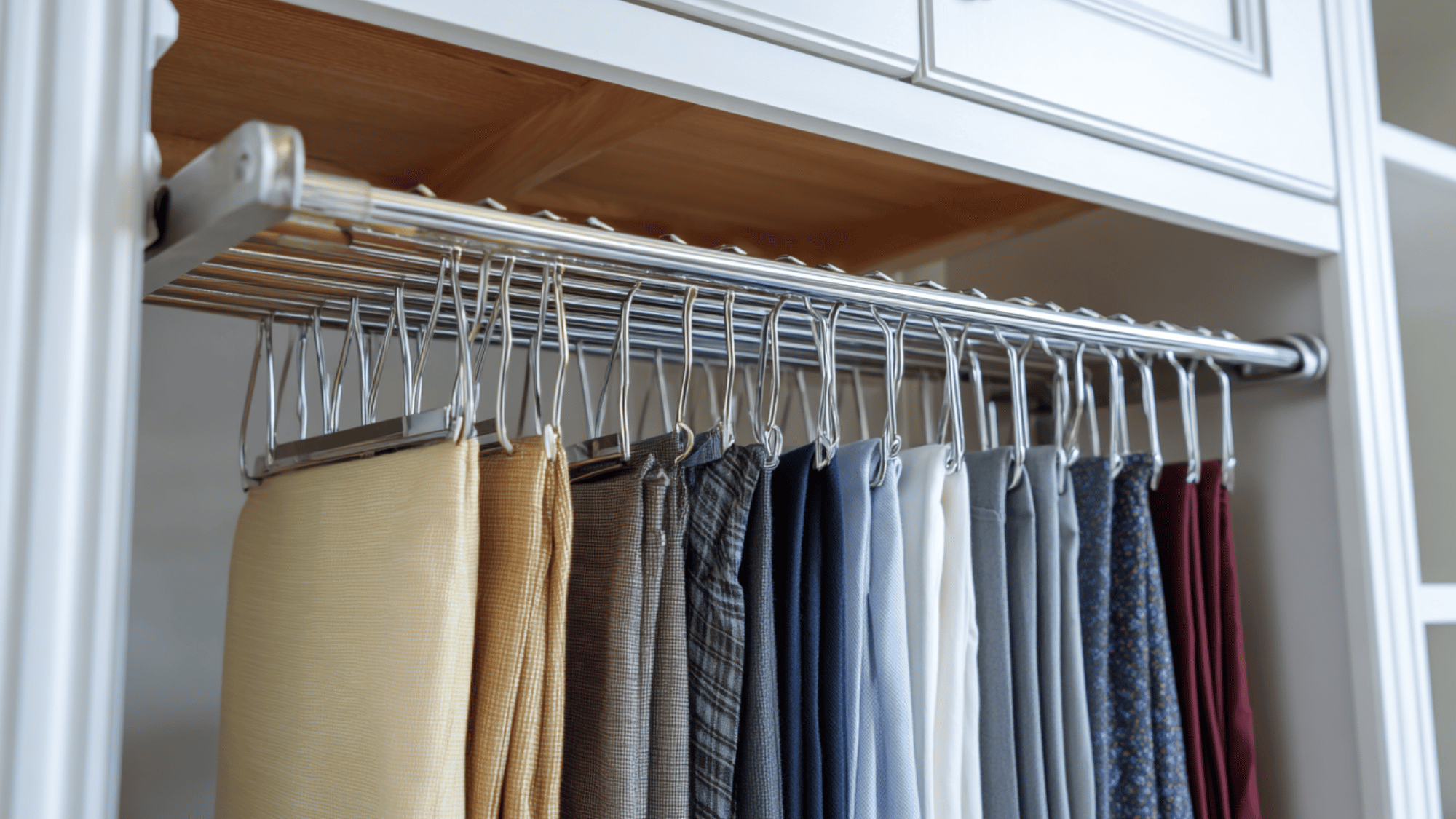 DIY pull-out trouser rack installed inside a small walk-in closet cabinet for wrinkle-free and space-saving pant storage.