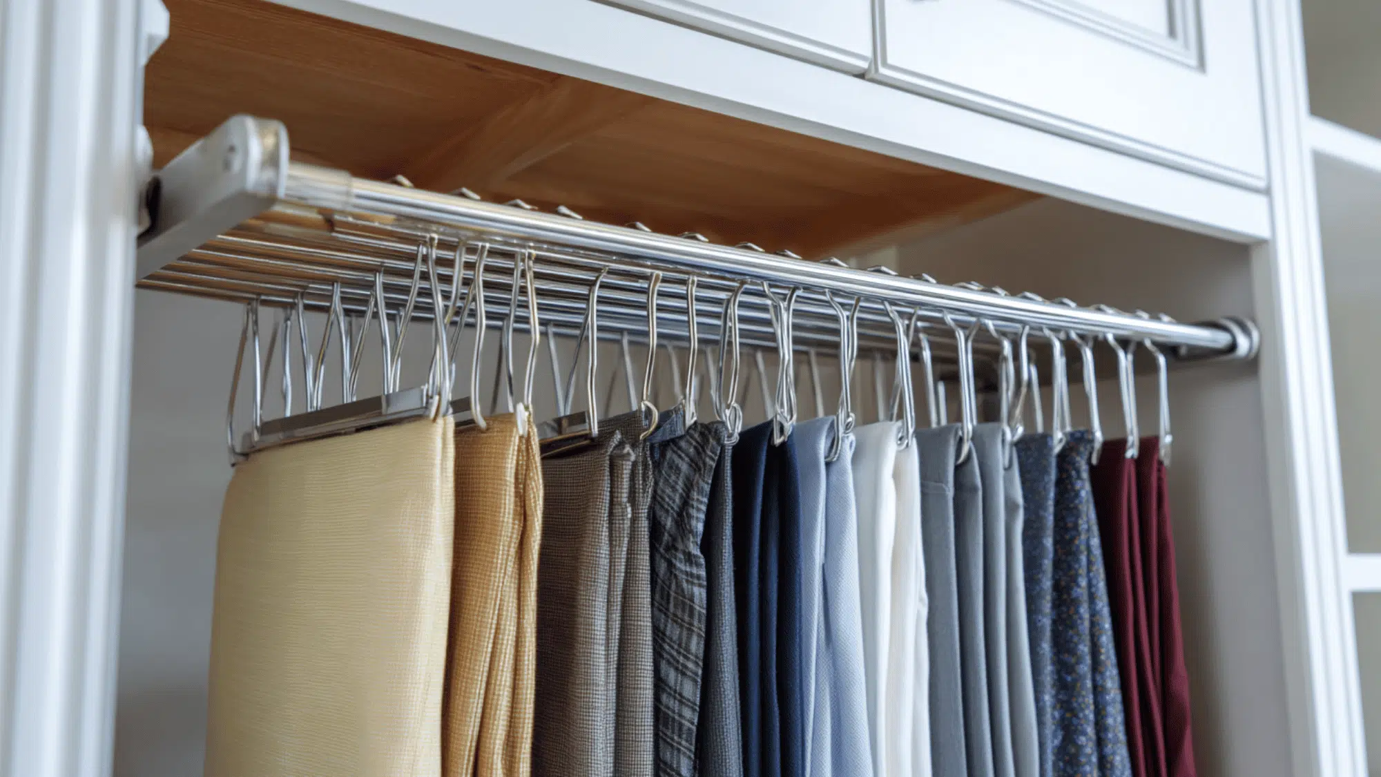 DIY pull-out trouser rack installed inside a small walk-in closet cabinet for wrinkle-free and space-saving pant storage.