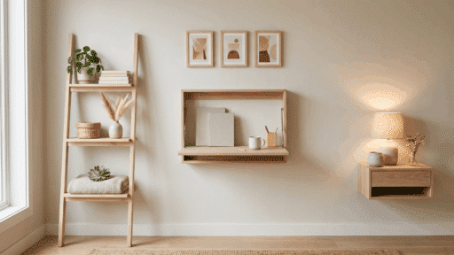 diy setups with ladder shelf desk nightstand and herb wall in a soft neutral layout