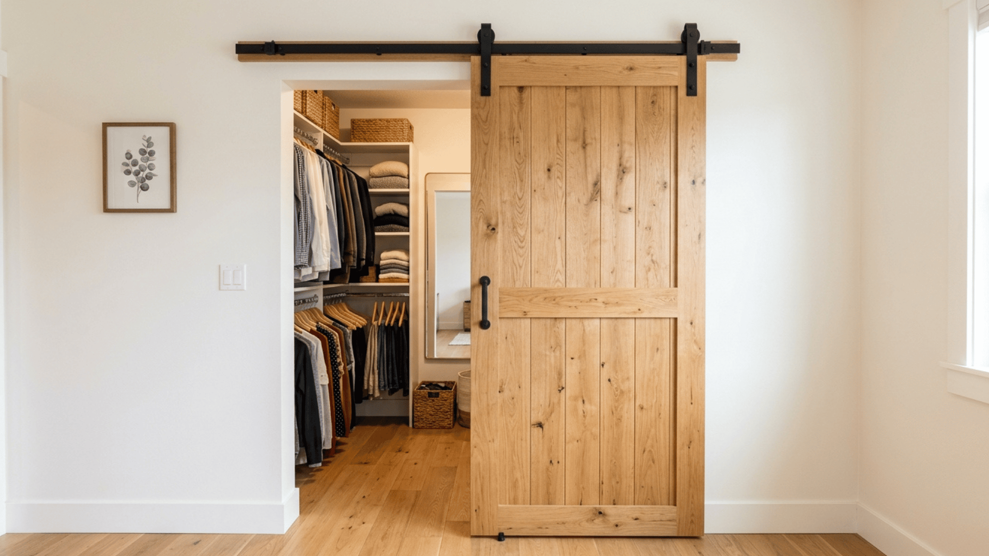 DIY sliding barn door installed at a small walk-in closet entrance to save floor space and enhance style. (1)