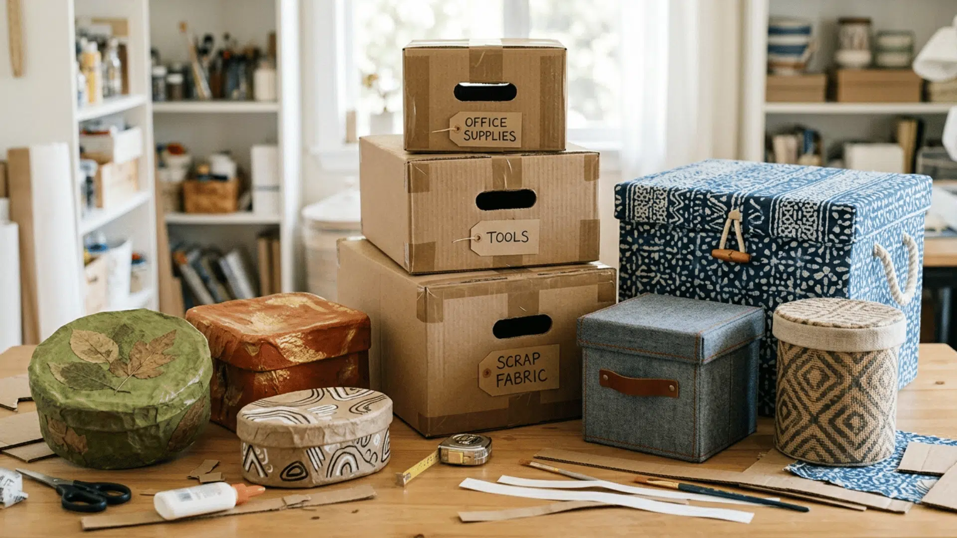 diy storage boxes of cardboard covered with fabric or paper mashe placed on table for organization