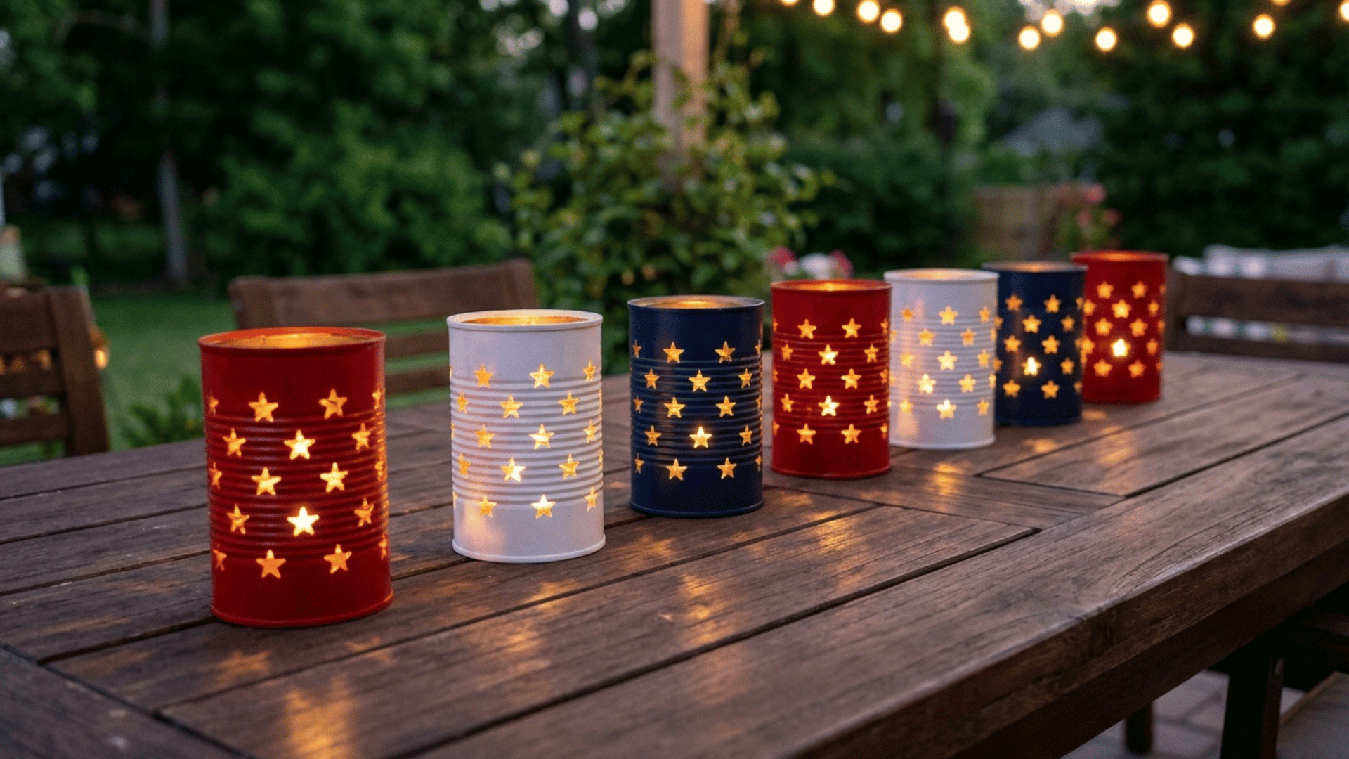 diy tin can luminaries with star cutouts glowing on outdoor table.