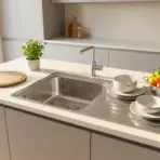 Stainless steel sink with fresh vegetables in a colander in a bright modern kitchen