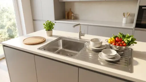 Stainless steel sink with fresh vegetables in a colander in a bright modern kitchen