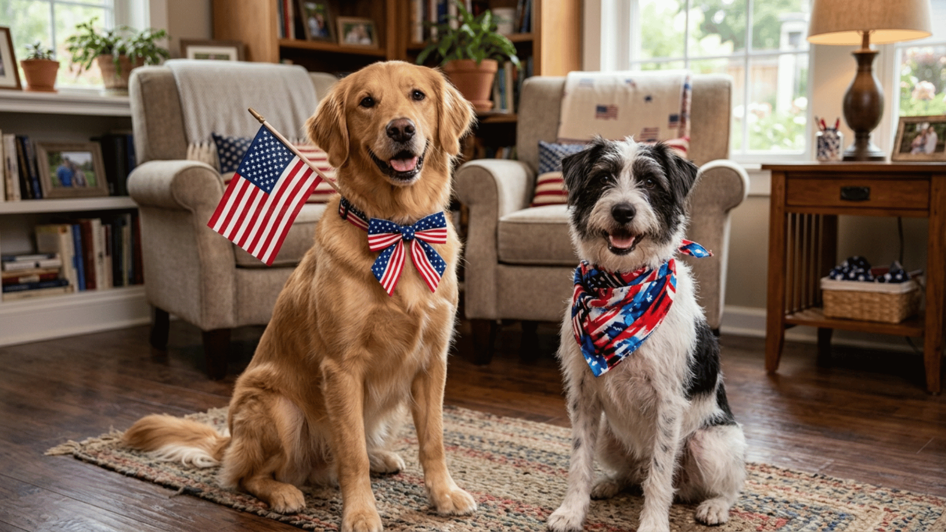 dogs wearing red white blue bandana sitting calmly as part of simple memorial day setup