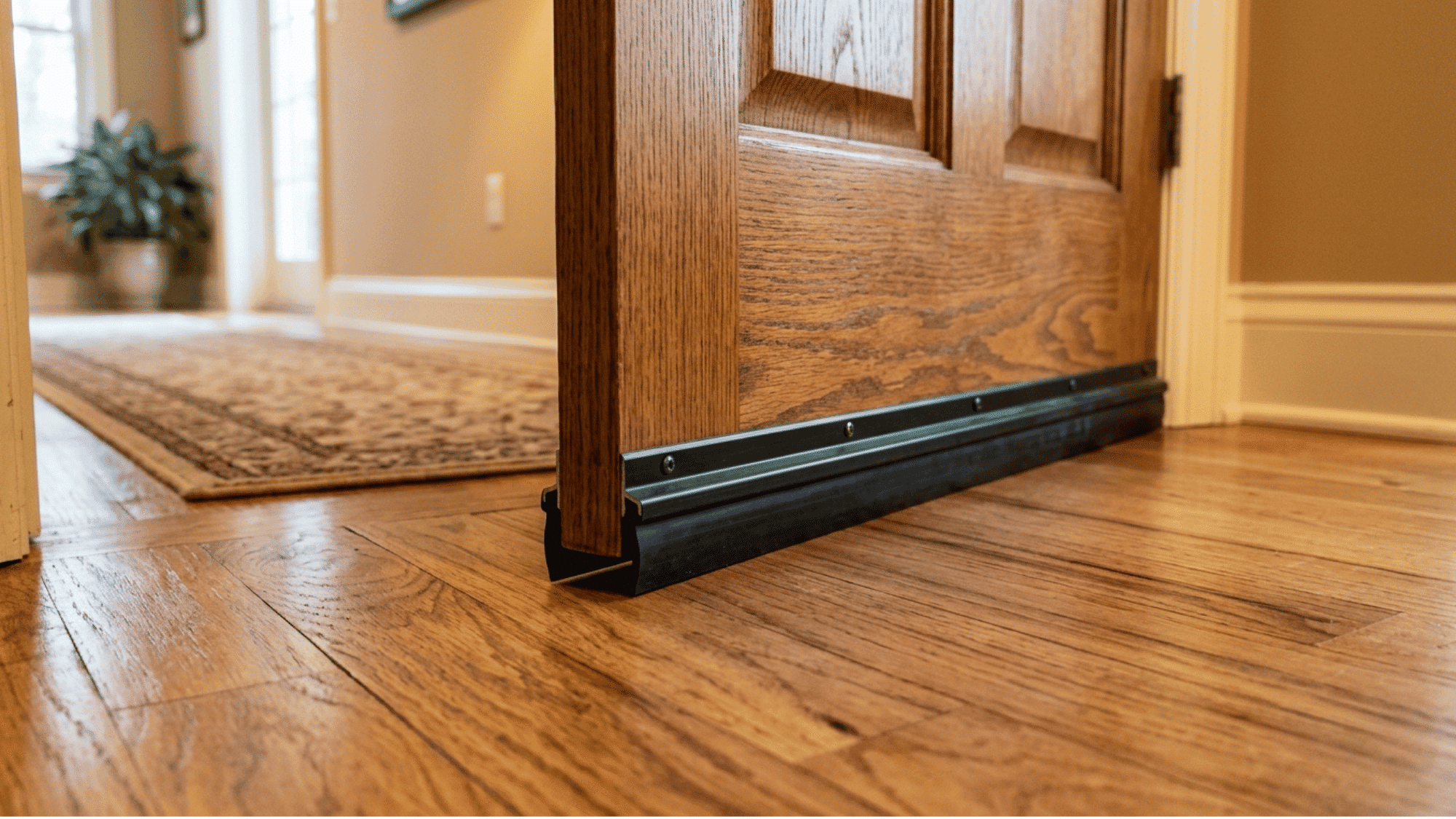 door sweep installed at the bottom of a wooden door to block noise and drafts.