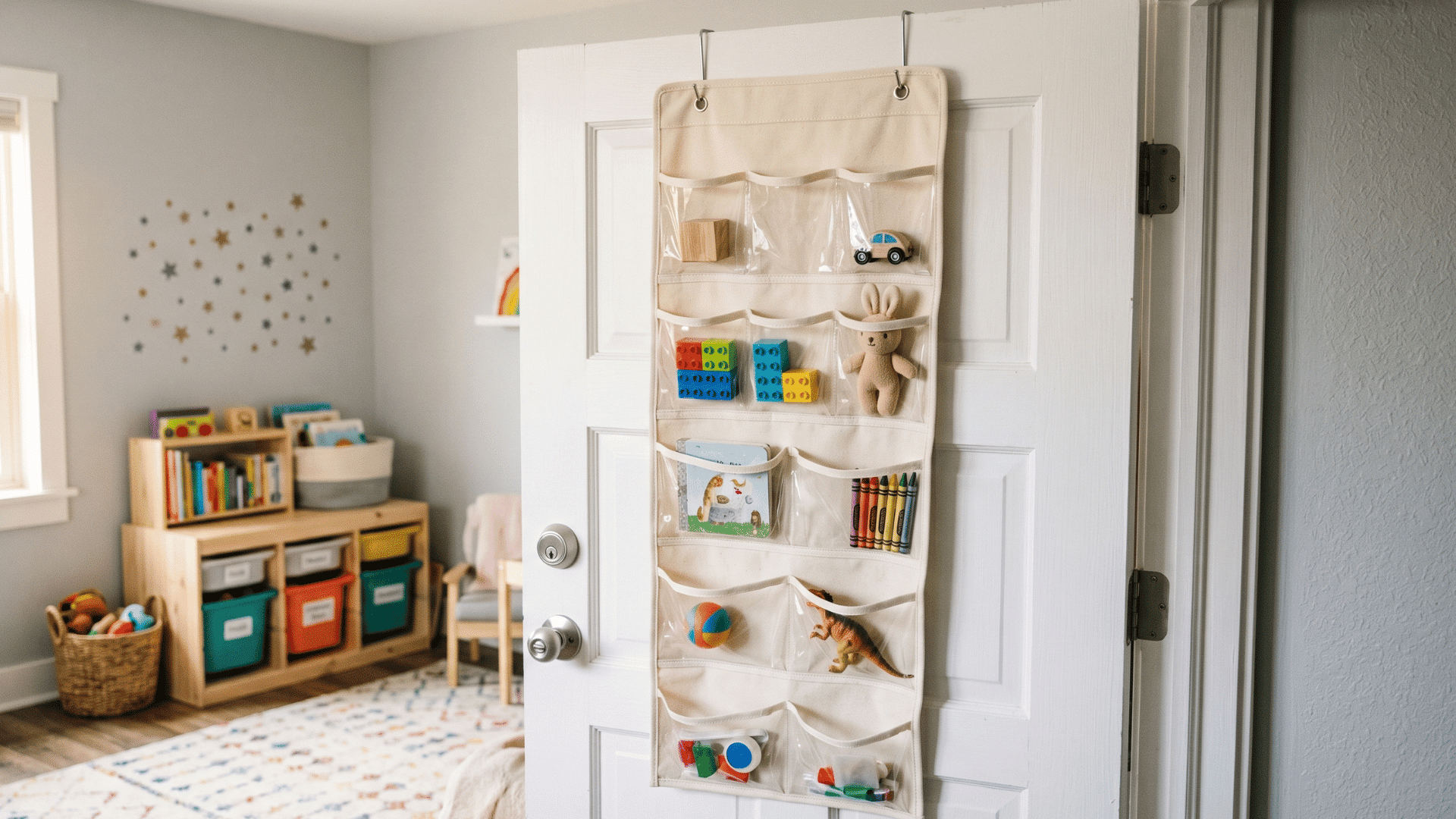 door with pocket organizer holding small toys minimal items clean background soft light tidy organized look