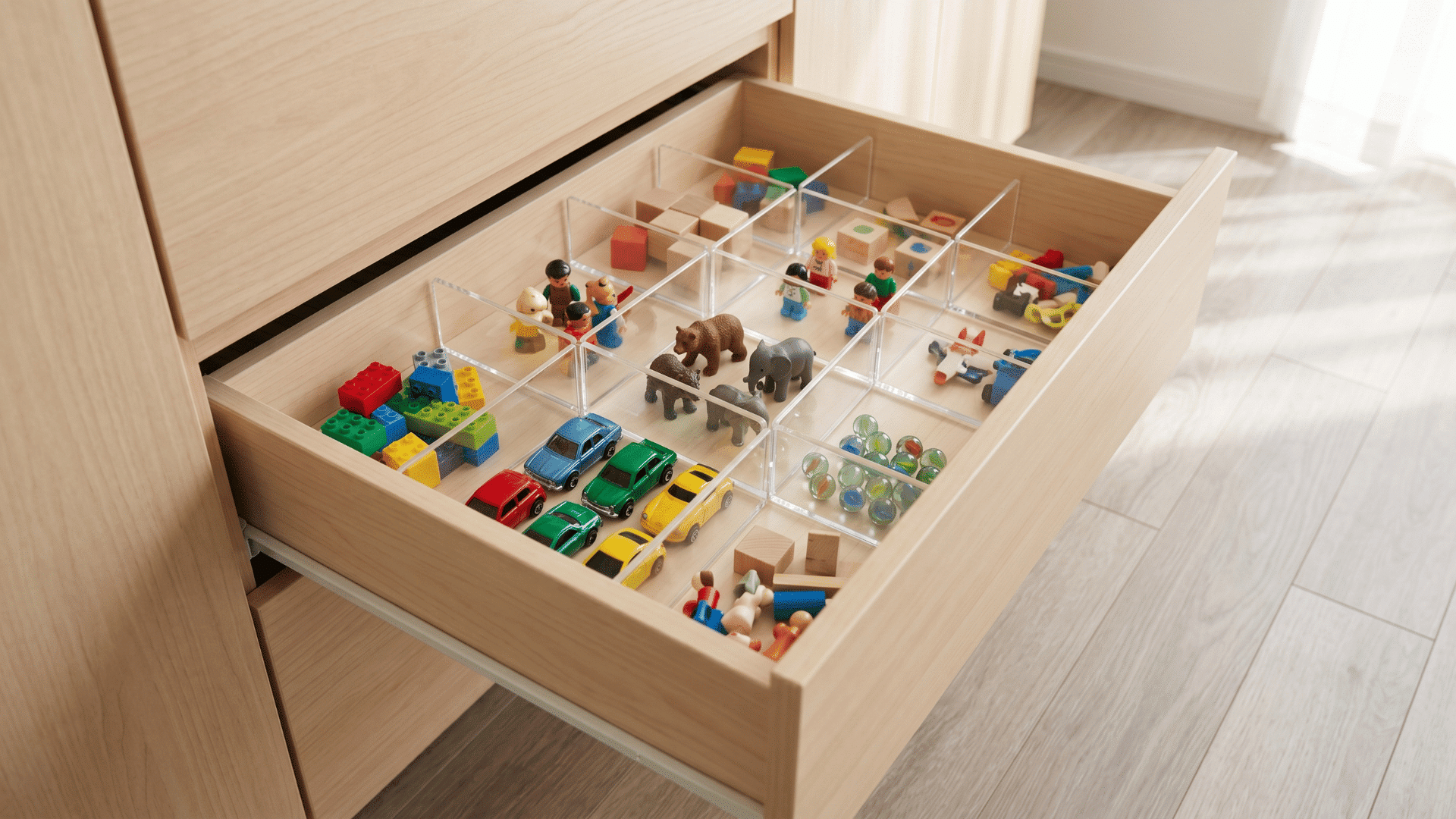 drawer with neat dividers separating small toys into sections clean setup minimal items soft natural light organized layout