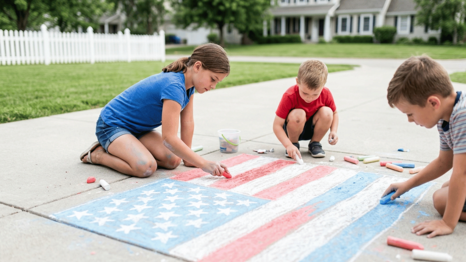 driveway with red white blue chalk stars and flag design creating simple outdoor decoration