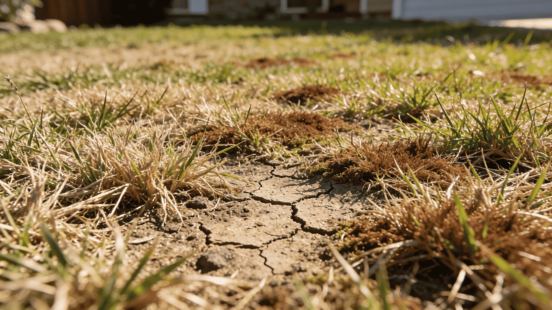dry lawn with cracked soil and patchy brown grass, showing drought damage and stressed turf in a suburban yard