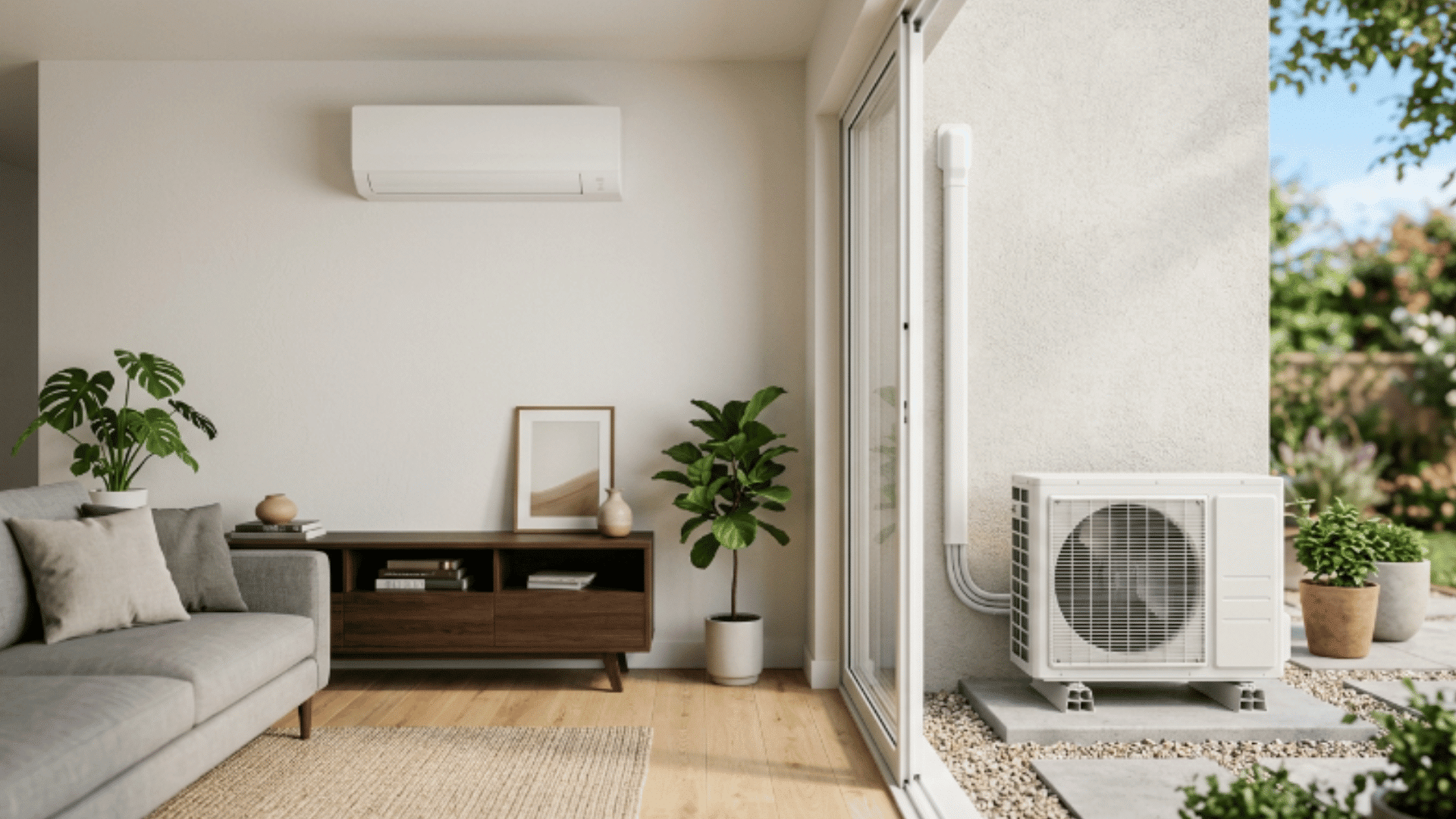 ductless mini split indoor unit with outdoor compressor mounted on a clean home wall
