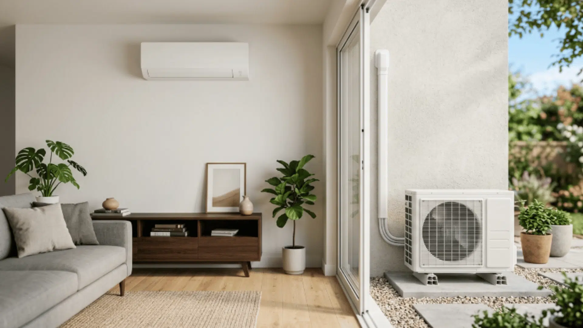 ductless mini split indoor unit with outdoor compressor mounted on a clean home wall