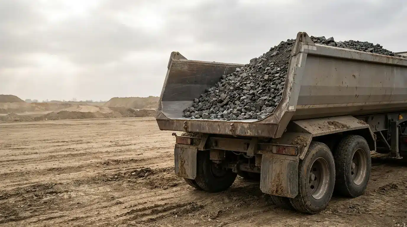 Dump truck loaded with gravel on construction site under overcast sky