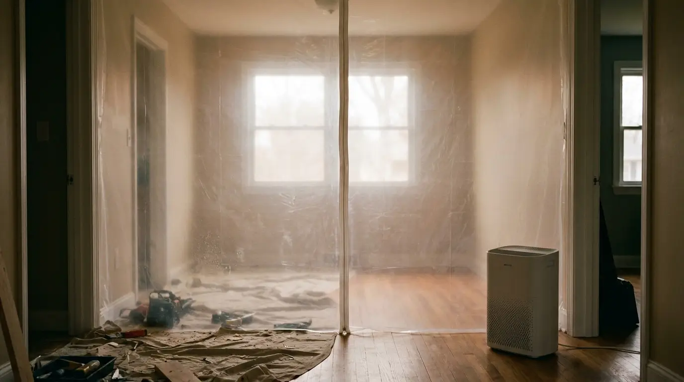 Renovation scene with plastic sheet divider, air purifier, and construction tools in an empty room