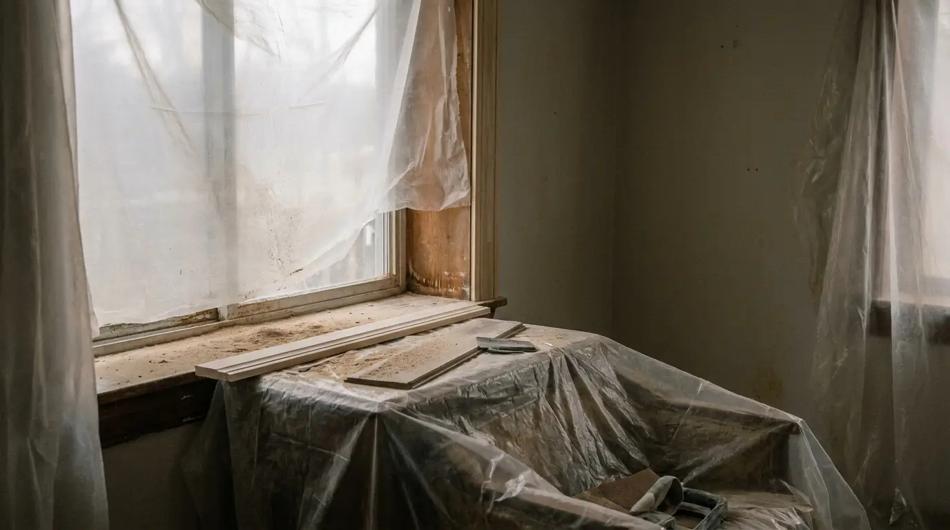 Dusty window renovation scene with wood planks and tools under protective plastic covering