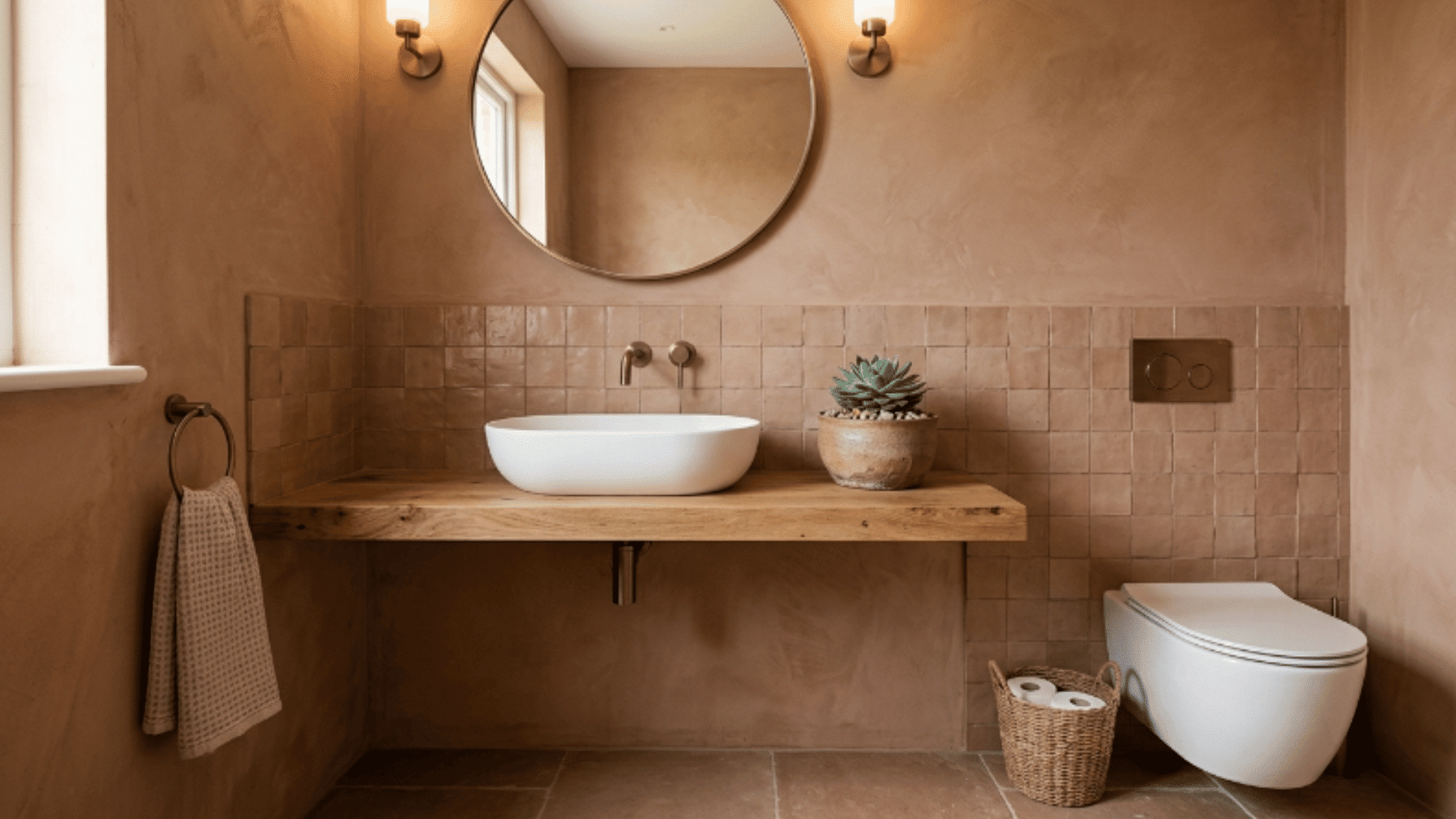 earthy clay tone guest bathroom with warm tiles bronze fixtures natural feel front view (1)