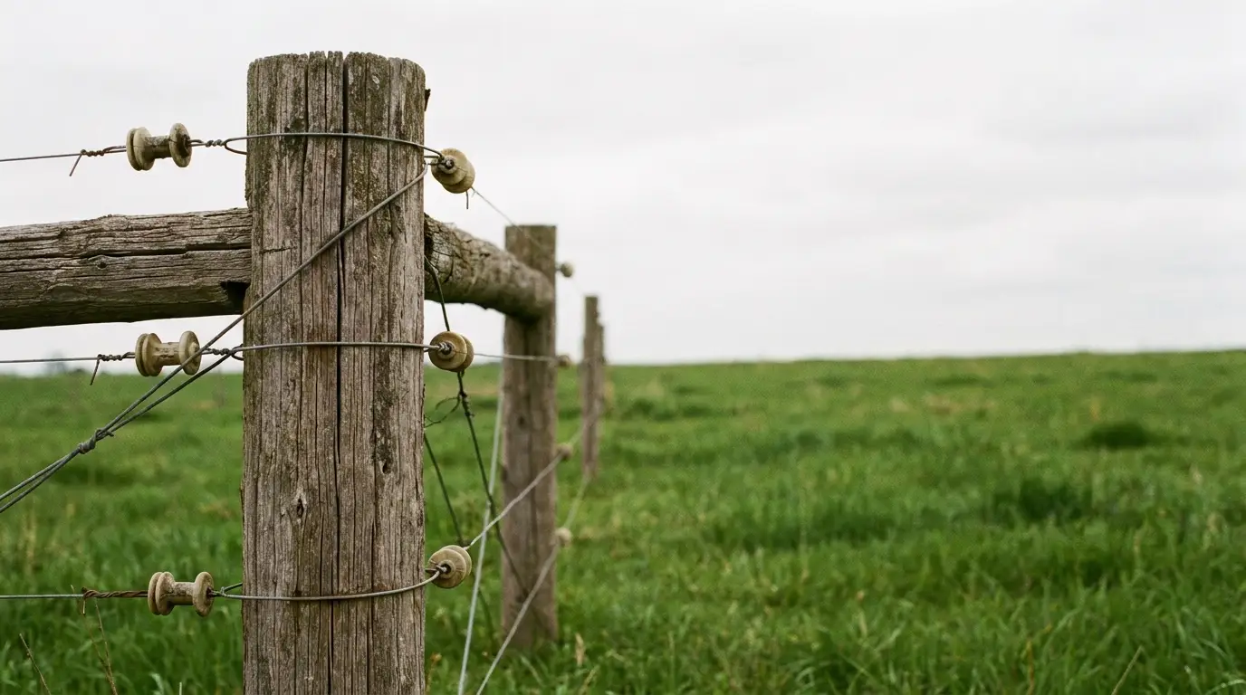Rustic wooden fence with wire, stretching across lush green pasture under cloudy sky